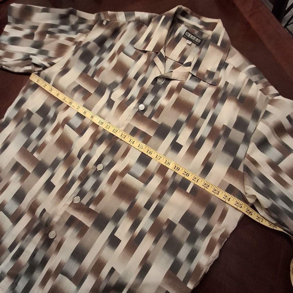 Mench Platinum Men XL Tan Windowpane Short Sleeve Polyester Button-down Shirt - Picture 10 of 13